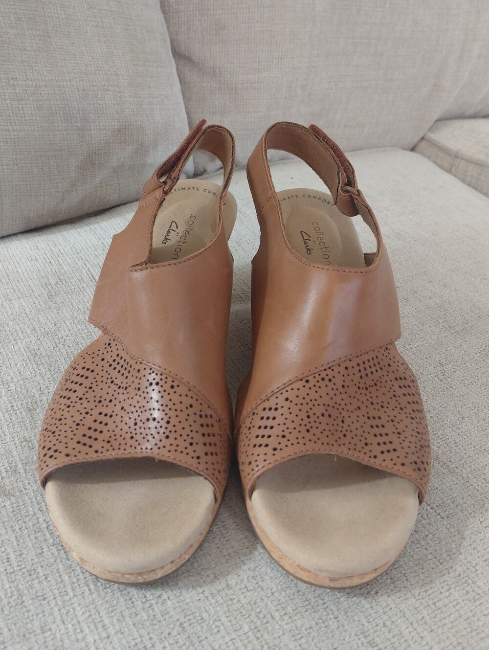 Clarks Brown Leather Perforated Slingback Wedge Sandals - Picture 3 of 11